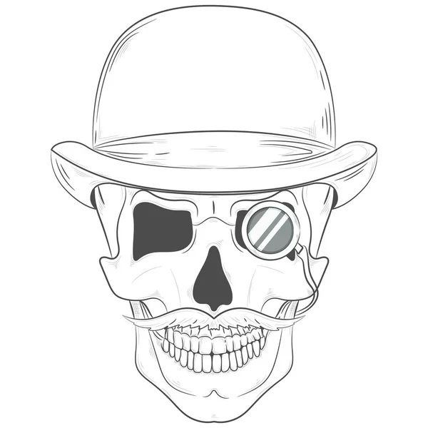 Schedel in een bolhoed. Gentleman schedel met een monocle. Vector afdrukken — Stockvector