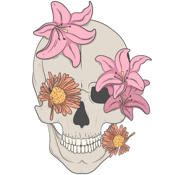 花と人間の頭蓋骨。ベクター グラフィック、印刷 — ストックベクタ