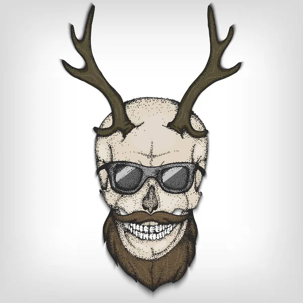 Calavera Hipster con cuernos, gafas de sol y barba. Ilustración vectorial, impresión — Archivo Imágenes Vectoriales