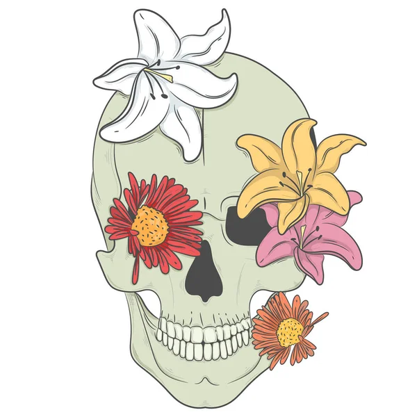 Crânio humano com flores. Ilustração vetorial, impressão —  Vetores de Stock