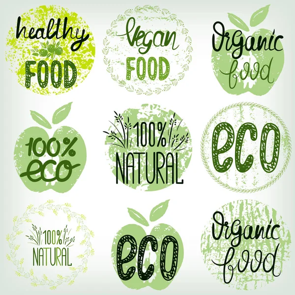 Set healthy food, eco food, organic food, 100% natural. Hand drawn texture templates — Stock Vector