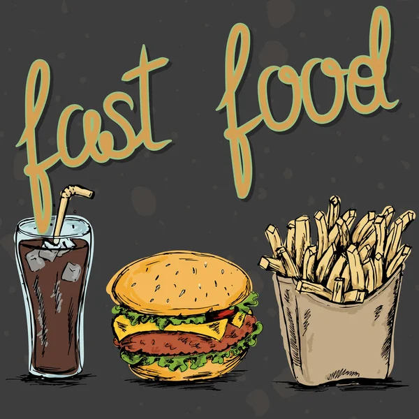 Een reeks van fast food geschilderd met de hand. Cola, hamburger en friet — Stockvector