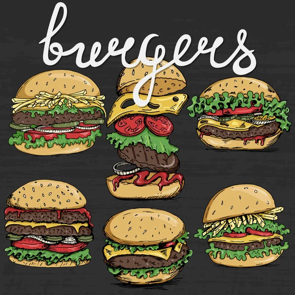 Satu set burger digambar dengan tangan - Stok Vektor