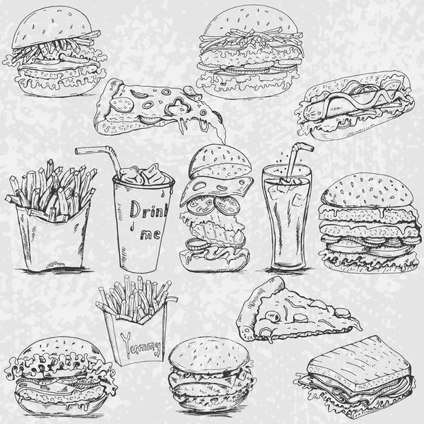 A set of fast food drawings drawn by hand. Outline. Vector — Stock Vector