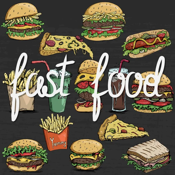 Um conjunto de desenhos de fast food desenhados à mão . —  Vetores de Stock