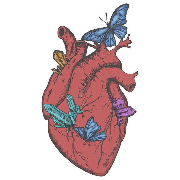 Ilustracja serca z kryształów i motyle — Wektor stockowy