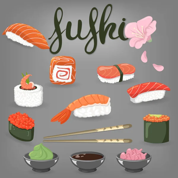 A set of Japanese dishes. Sushi, wasabi, ginger. — Stock Vector