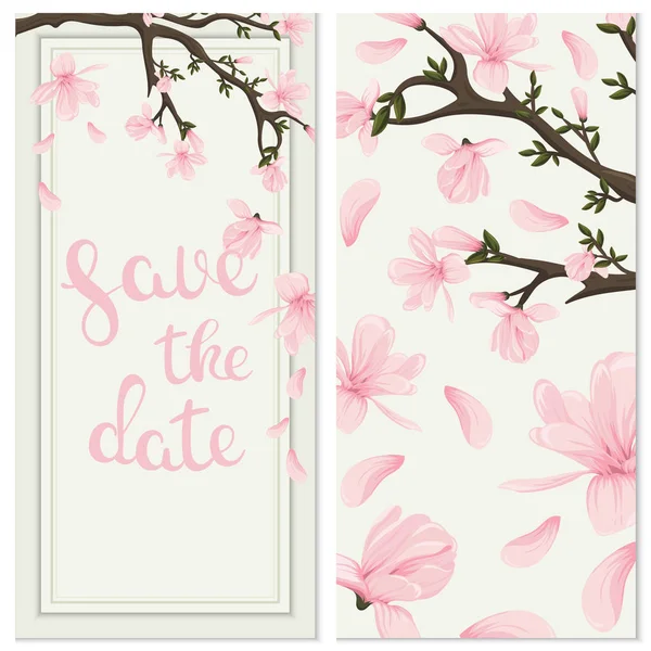 Conjunto de invitaciones de boda vectorial con las flores de magnolia. Diseño floral tierno romántico para invitación de boda — Vector de stock