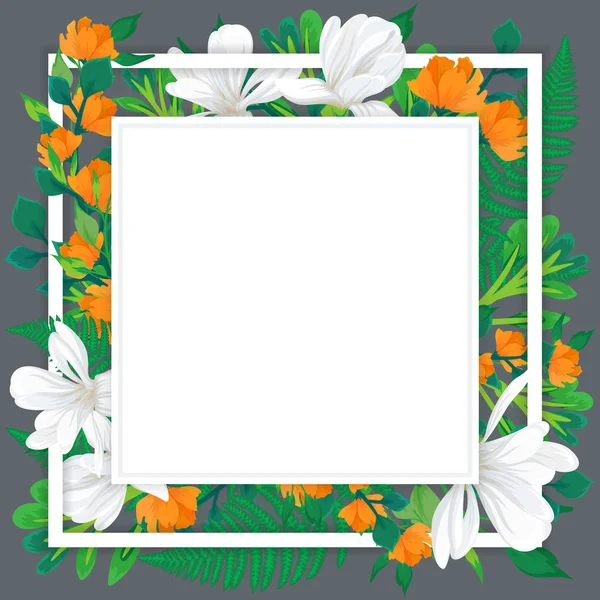 Modelo de design de banner com decoração floral. O quadro quadrado com a decoração de flores magnólia e samambaias — Vetor de Stock