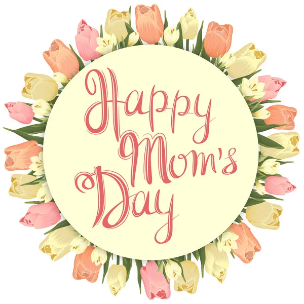 Dia das mães cartão de saudação com tulipas coloridas brilhantes. Cartão vetorial com letras escritas à mão e flores —  Vetores de Stock