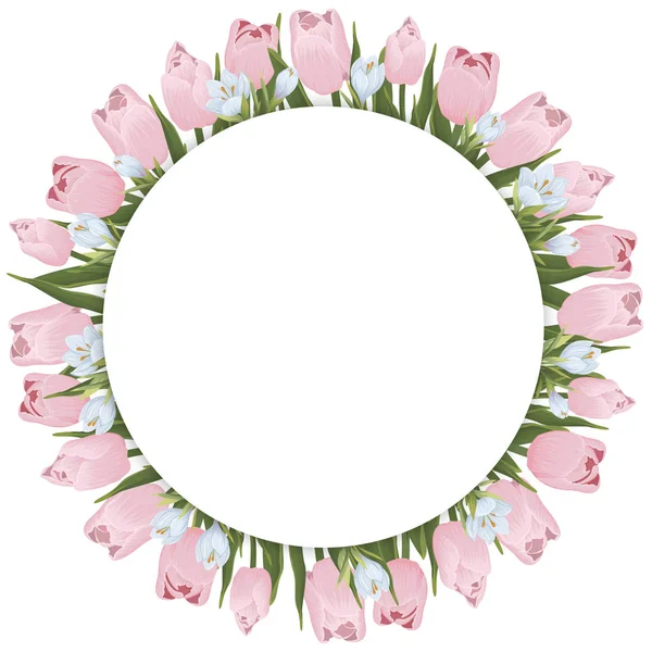 Modèle de conception de bannière avec décoration florale. Cadre rond avec fleurs de tulipes — Image vectorielle