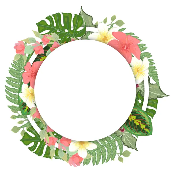 Ronde frame met tropische bloemen en planten. Vector sjabloon — Stockvector