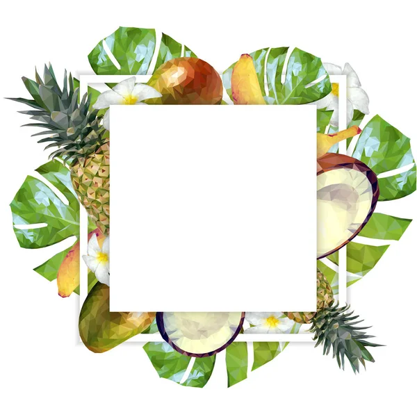 Modèle vectoriel avec fruits et plantes tropicaux. Cadre carré avec fleurs, fruits et feuilles de palmier — Image vectorielle