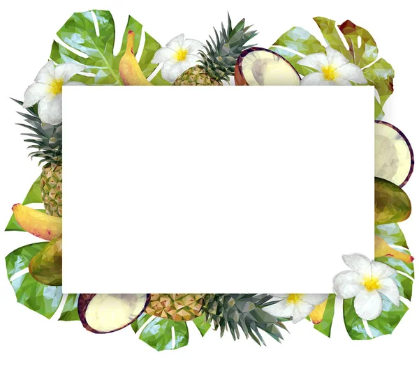 Modelo de vetor com frutas e plantas tropicais. Quadro retangular com flores, frutos e folhas de palma — Vetor de Stock