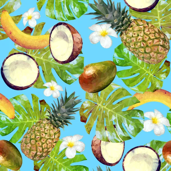 Naadloze patroon met tropische vruchten en planten. Vector patroon met ananas, bananen, kokosnoten, mango, palmbladeren en bloemen van de plumeria — Stockvector