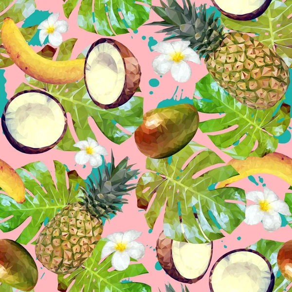 Naadloze patroon met tropische vruchten en planten. Vector patroon met ananas, bananen, kokosnoten, mango, palmbladeren en bloemen van de plumeria — Stockvector