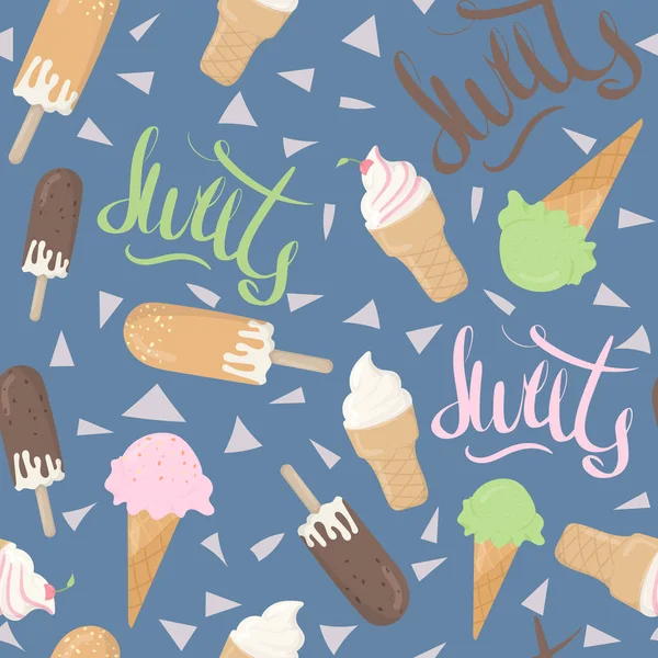 Patrón sin costuras con helado y letras escritas a mano — Archivo Imágenes Vectoriales