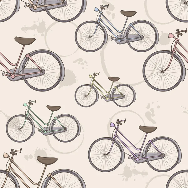 Modèle sans couture avec des vélos. Modèle rétro avec bicyclettes et taches de café — Image vectorielle