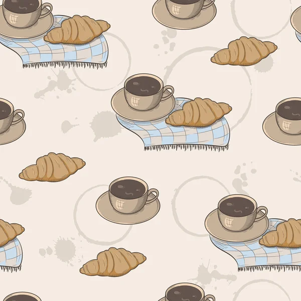 Un patrón sin costuras con tazas de café, croissants y manchas de café. Patrón retro con café — Archivo Imágenes Vectoriales