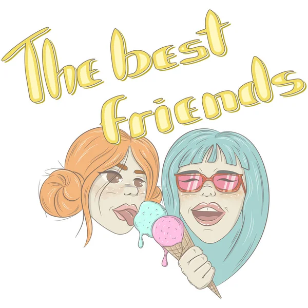 Illustratie met twee vrolijke vriendinnen. Handgeschreven belettering "You 're my best friend". Makkelijk te gebruiken, ideaal voor postkaarten, T-shirts en gefeliciteerd — Stockvector