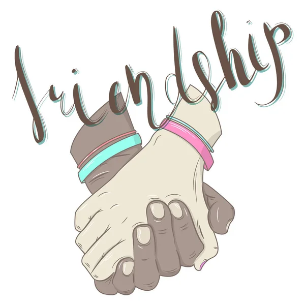 Vector illustration of two connected hands. Hand-written lettering "Friendship" — Stock Vector