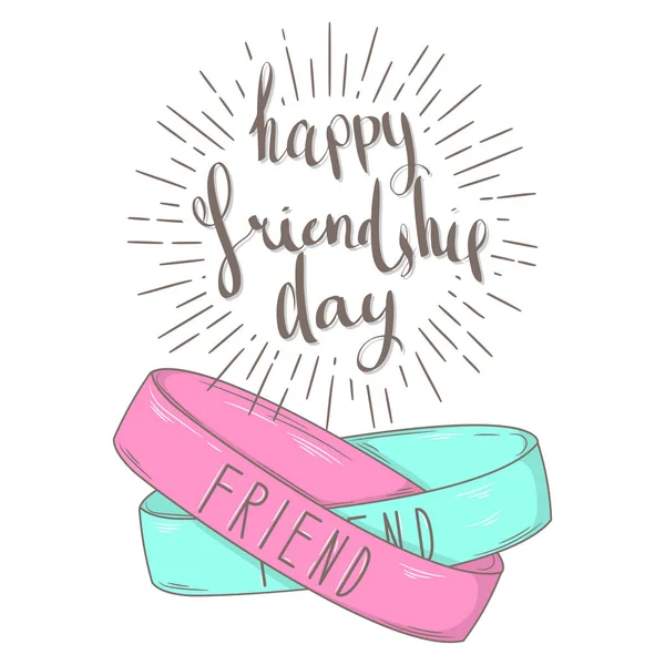 Vector illustration for World Friendship Day. Hand-written lettering and friendship bracelets — Stock Vector