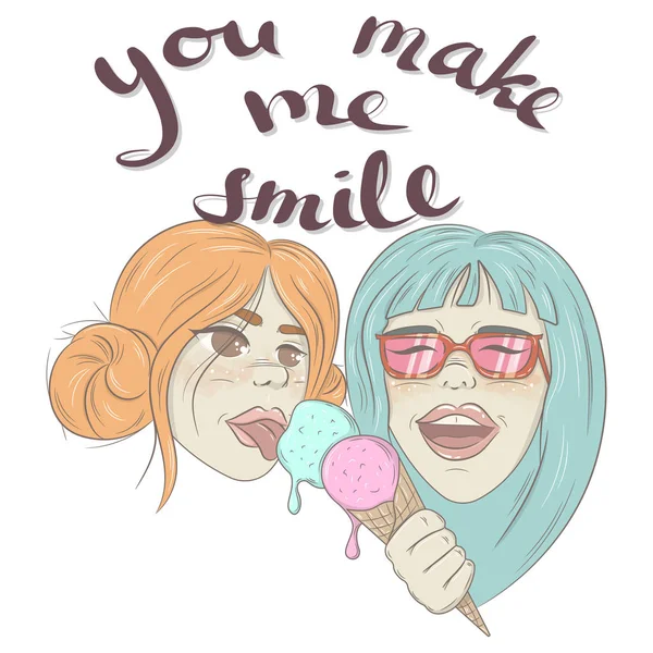 Векторна ілюстрація з двома милими подружками. Рукописне написання: "Ти змушуєш мене посміхатися " — стоковий вектор