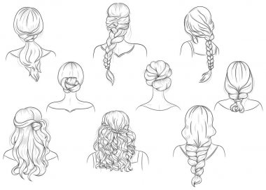 A set of vector female hairstyles. Easy to use. Outline clipart