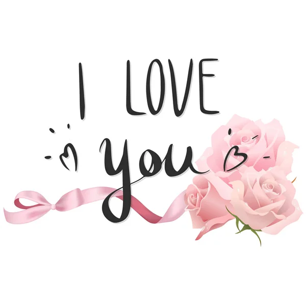 Elegante scritta "ti amo" con rose e un fiocco — Vettoriale Stock