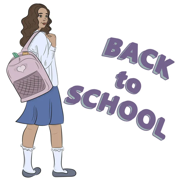 女子高生とベクトル図「学校に戻る」。バックパックと制服の女の子 — ストックベクタ