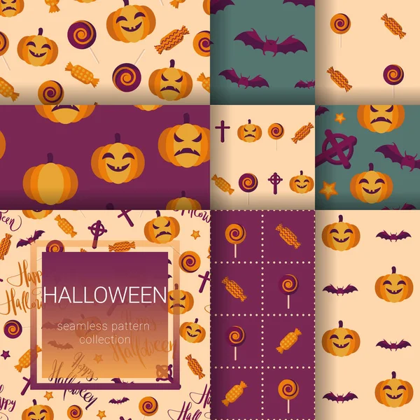 Een set van naadloze patronen voor Halloween. Patronen met pompoenen, snoepjes, vleermuizen, enz. — Stockvector