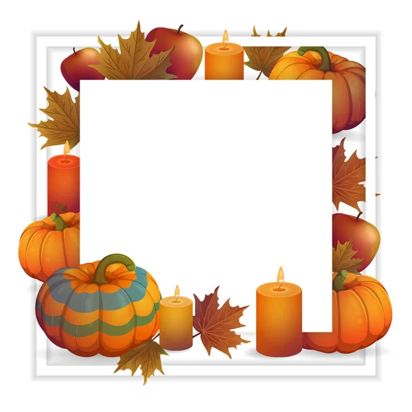 Um modelo quadrado com decorações de outono. Decorações de outono, abóboras, folhas de outono e velas — Vetor de Stock