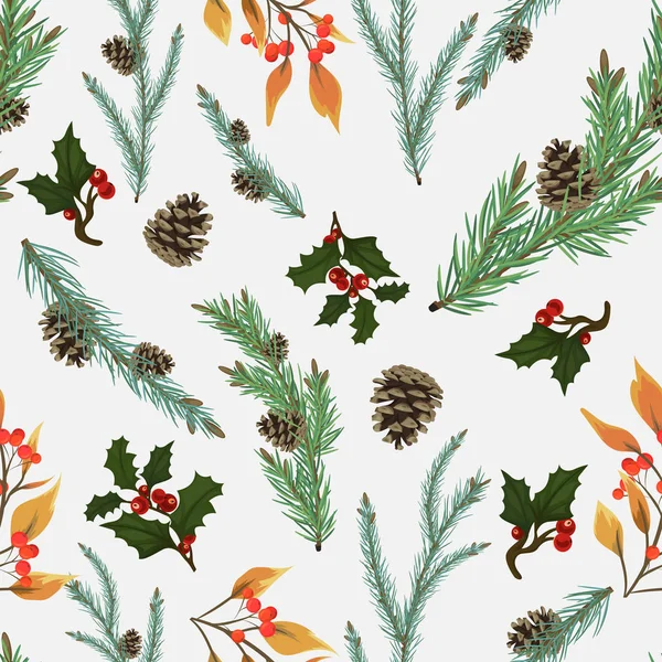 크리스마스와 새 해에 대 한 완벽 한 패턴입니다. 아름 다운 소나무 가지와 콘, 홀리와로 웬 지점 — 스톡 벡터