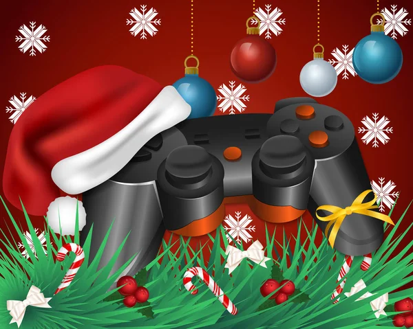 Gamepad Mit Weihnachtsdekoration Postkarte Neujahr Oder Weihnachten Für Spieler — Stockvektor