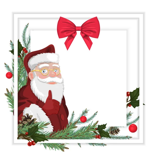 Christmas Card Santa Claus Spruce Sprigs Beautiful Red Bow — Stock Vector