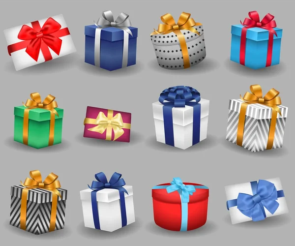 Conjunto Paquetes Festivos Regalos Cajas Atadas Con Lazo — Vector de stock