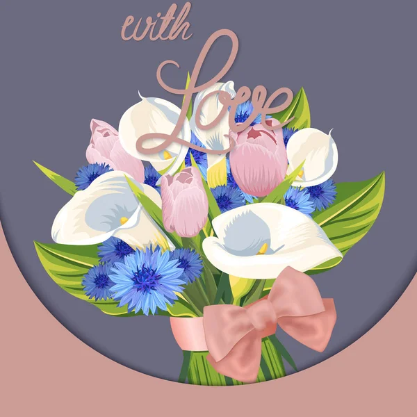 充满爱 美丽的郁金香花束 马蹄莲百合和矢车菊 — 图库矢量图片