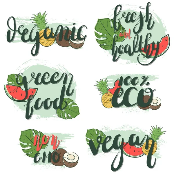 Natural Organic Labels Organic Food Stickers Elements Tropical Fruits Leaves — Stock Vector