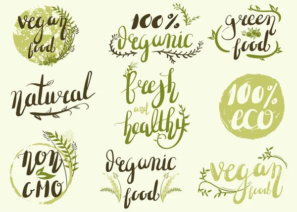 Natural Organic Labels Organic Food Stickers Elements Hand Lettering — Stock Vector