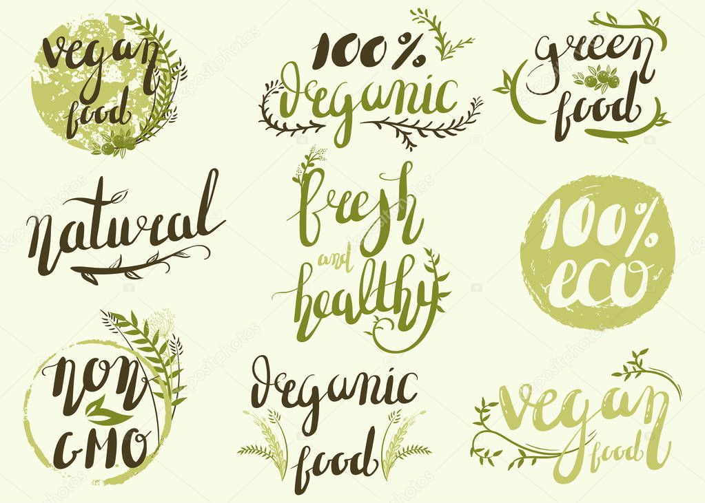 Natural organic labels. Organic food stickers and elements.Hand-lettering