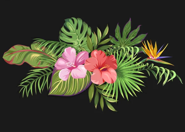 花的组成与棕榈树和热带花卉的叶子 热带花束 — 图库矢量图片