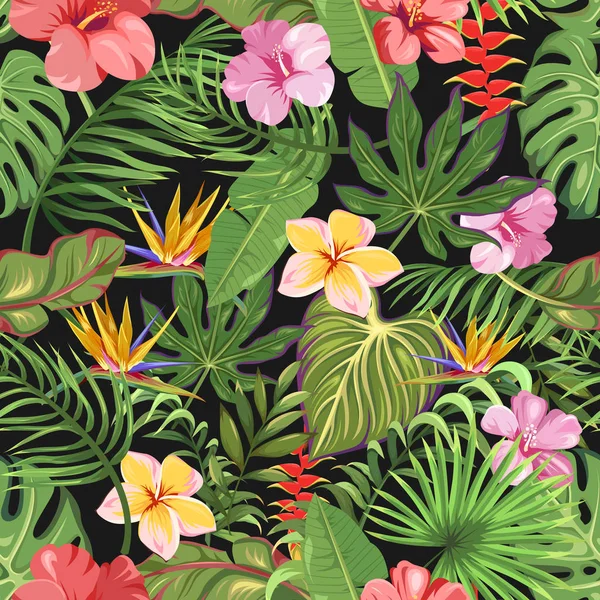 Jednolity Wzór Różnych Tropikalnych Kwiatów Liści Egzotyczne Palmy Kwiaty — Wektor stockowy