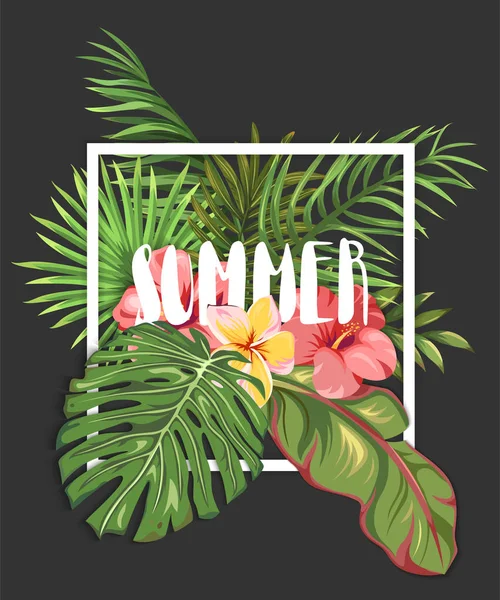 Sommer Vorlage Mit Blättern Von Palmen Und Tropischen Blumen — Stockvektor