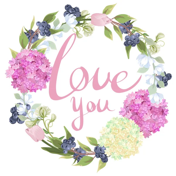 Люби Тебе Листи Тлі Вінка Квітами Гілочками Квіти Гортензії Тюльпани — стоковий вектор