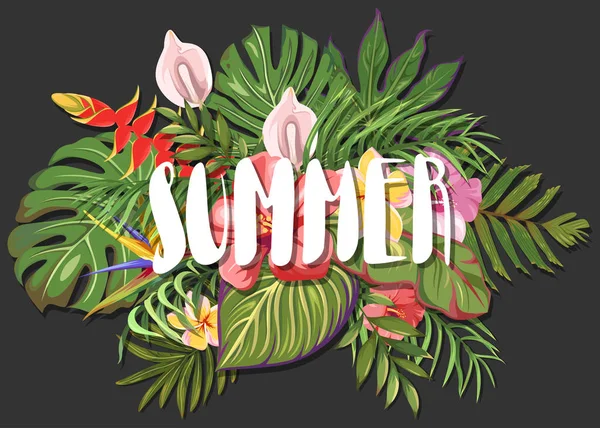 Lettering Summer Background Tropical Leaves Exotic Flowers — Stock Vector