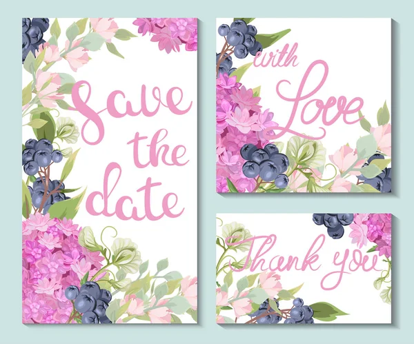 Ensemble Cartes Mariage Avec Belles Fleurs Hortensias Baies Sombres Lettrage — Image vectorielle