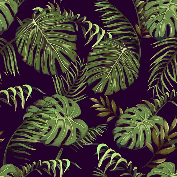 Modèle Sans Couture Avec Des Feuilles Tropicales Palmiers Sur Fond — Image vectorielle