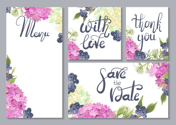 Eine Reihe Von Hochzeitskarten Mit Wunderschönen Hortensien Und Dunklen Beeren — Stockvektor