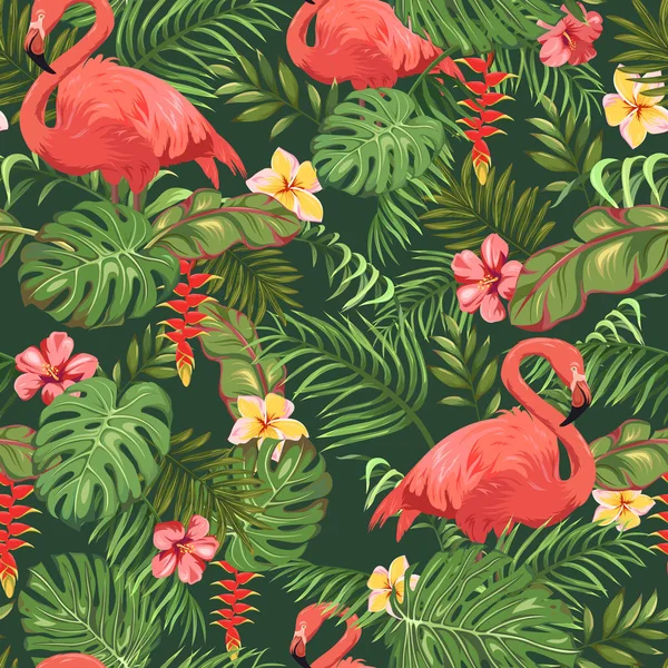 Seamless Mönster Med Tropiska Löv Exotiska Blommor Och Vackra Flamingos — Stock vektor