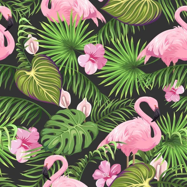 Tropikal Yaprak Egzotik Çiçekler Flamingo Ile Seamless Modeli — Stok Vektör